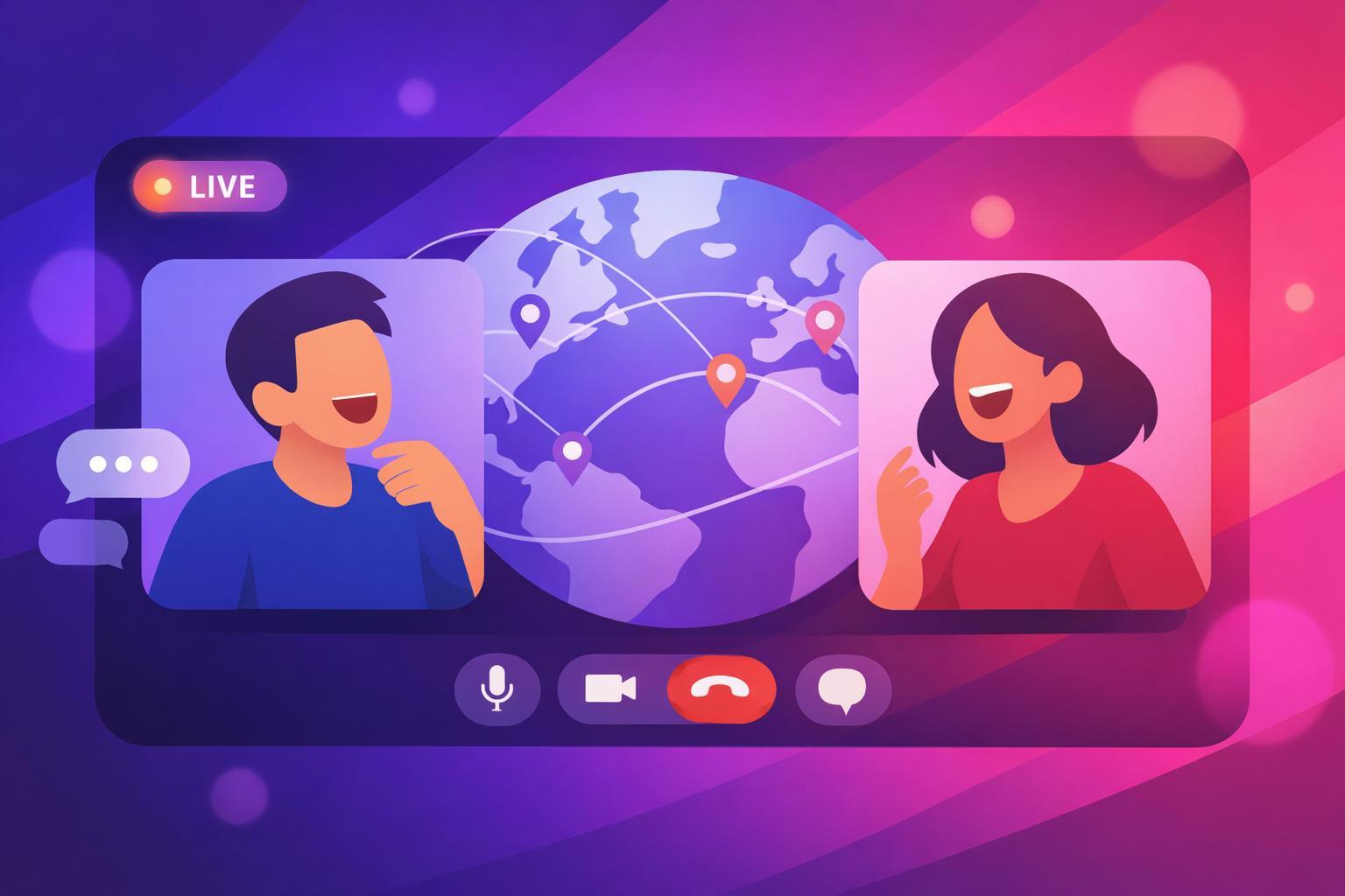 A video call screen of two adults chatting with a globe in the background, symbolizing global connection.