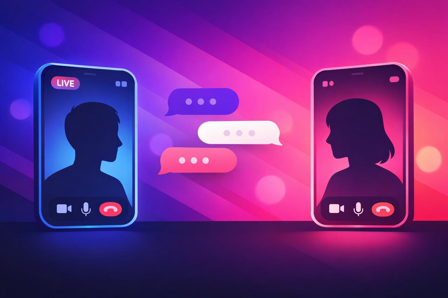Two silhouetted figures video chatting on glowing phone screens with speech bubbles between them.