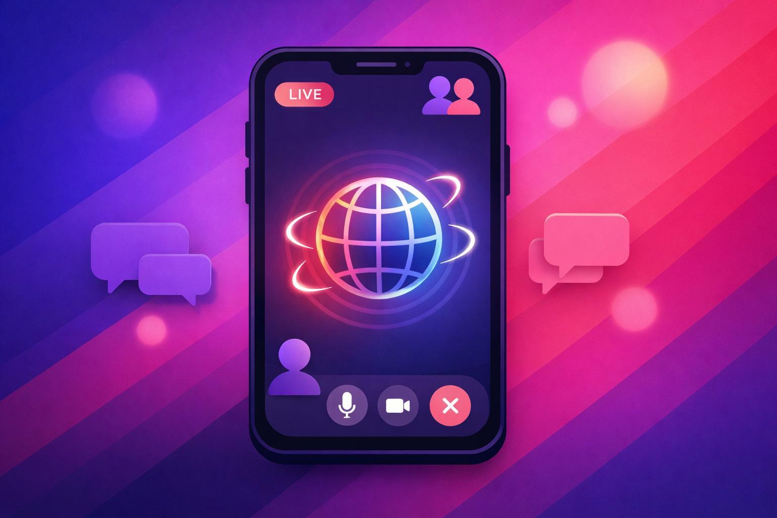 A phone screen displaying a live video call with a pulsing globe icon, representing global connections.