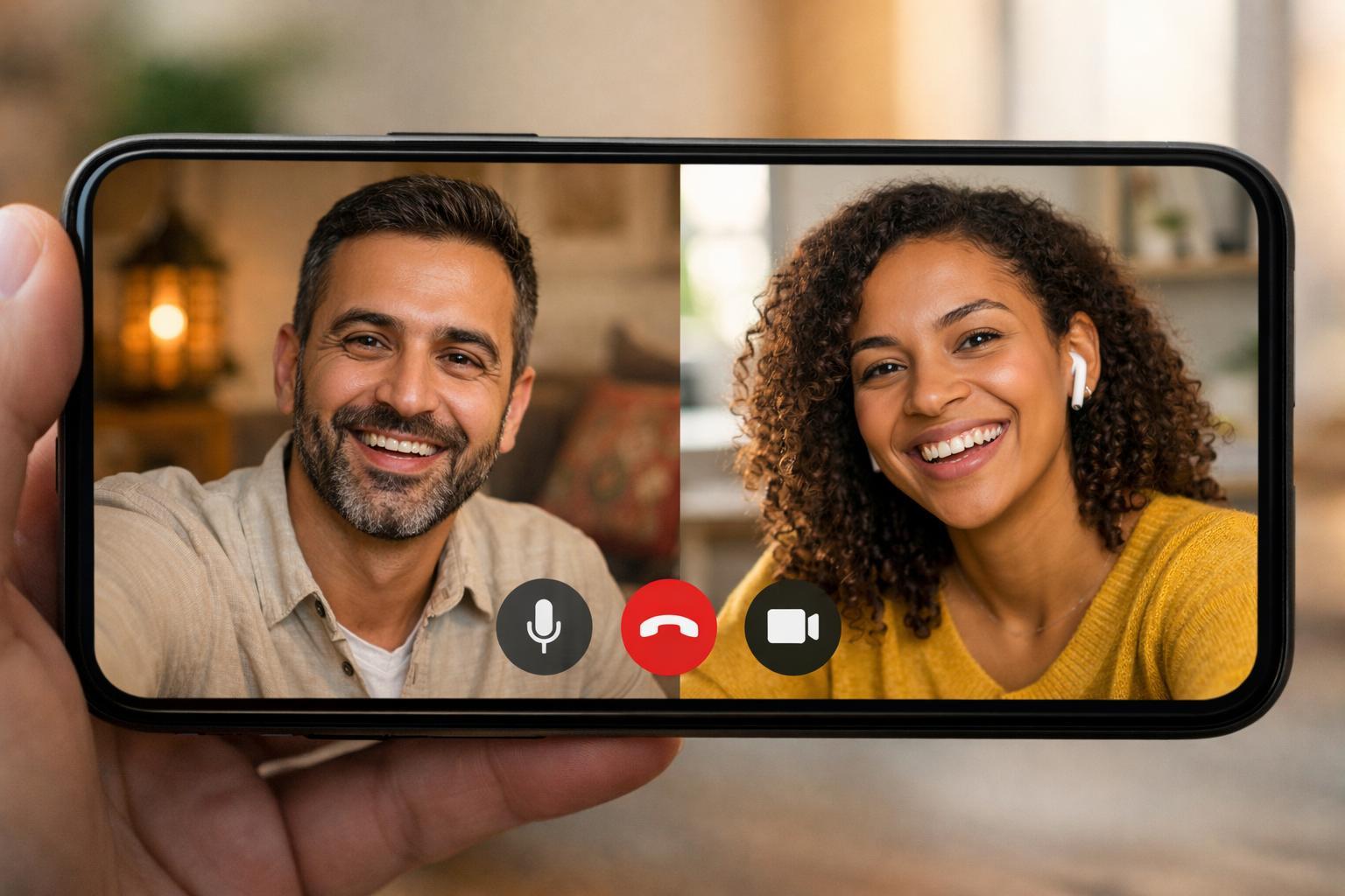 Two people engaged on a video call in a warm home setting.