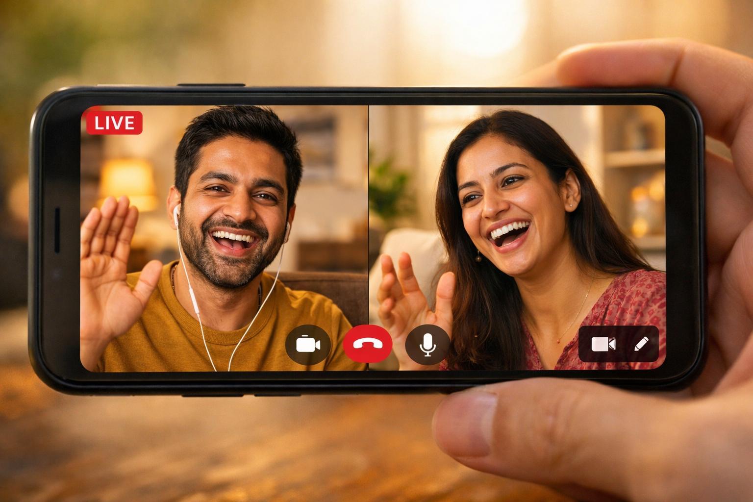 Two Indian individuals on a video call, exchanging lively conversation, with call interface icons visible.