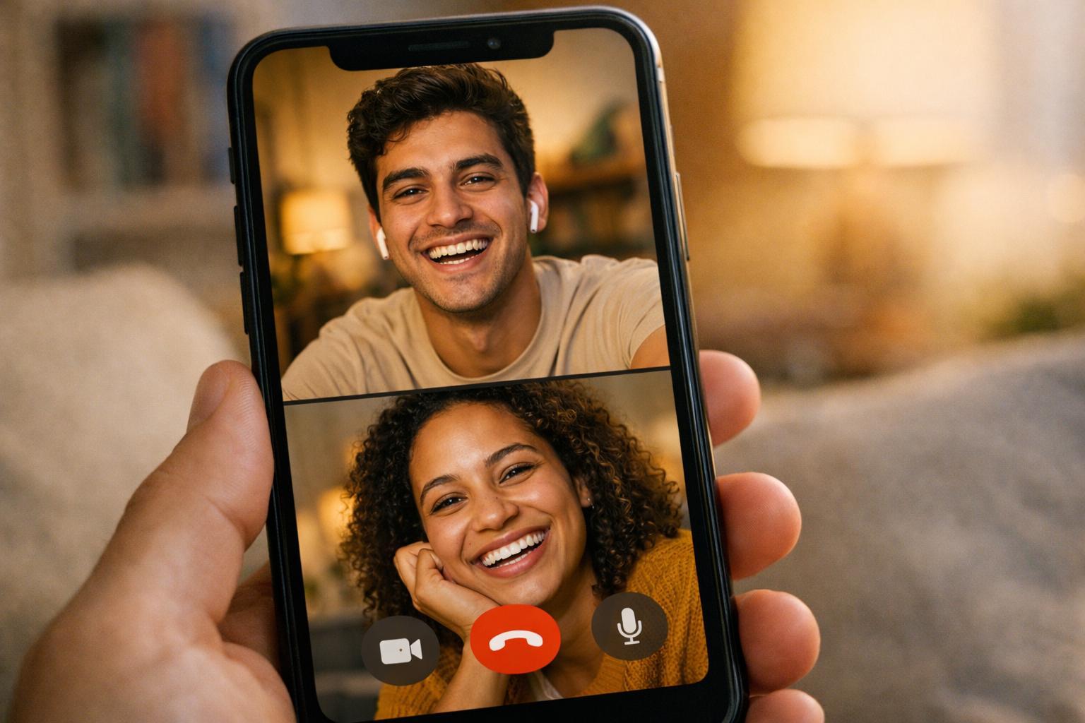 Two young adults having a friendly video chat on a smartphone, suggesting a genuine connection.