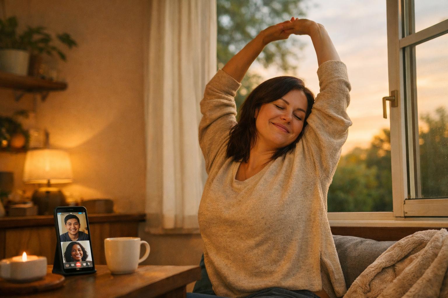 Person taking a break from a video call, stretching near a window with a paused chat screen on the phone.