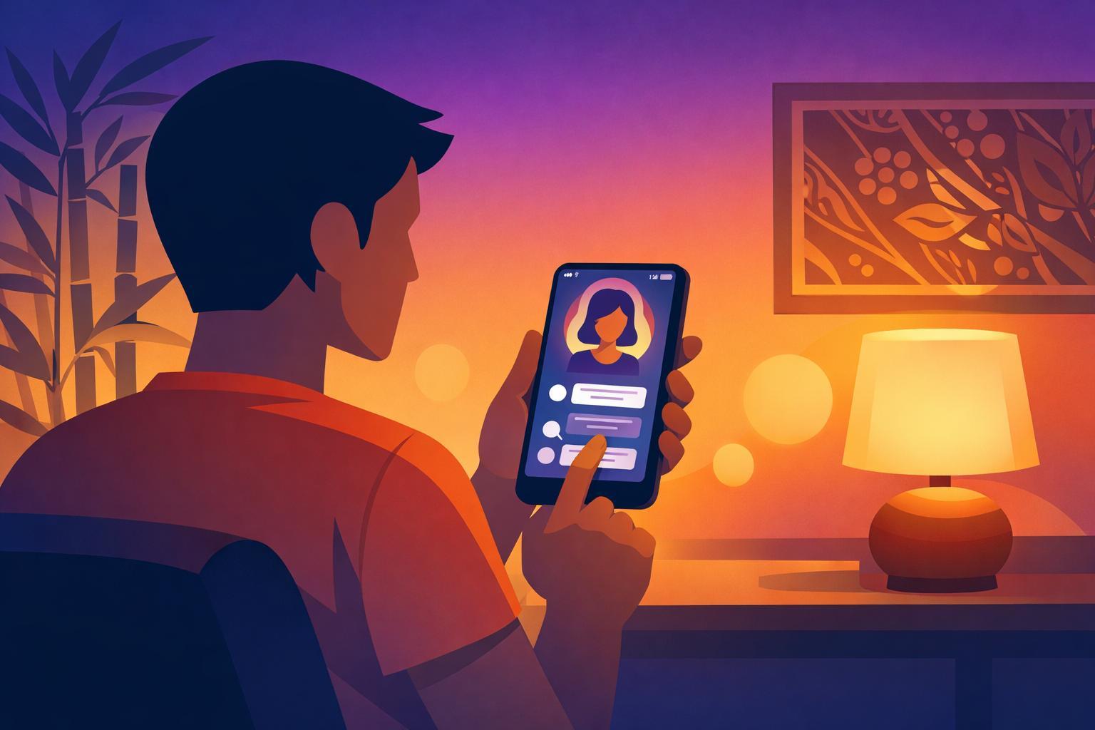 A Southeast Asian person using a smartphone to interact with an AI chat companion in a cozy setting.