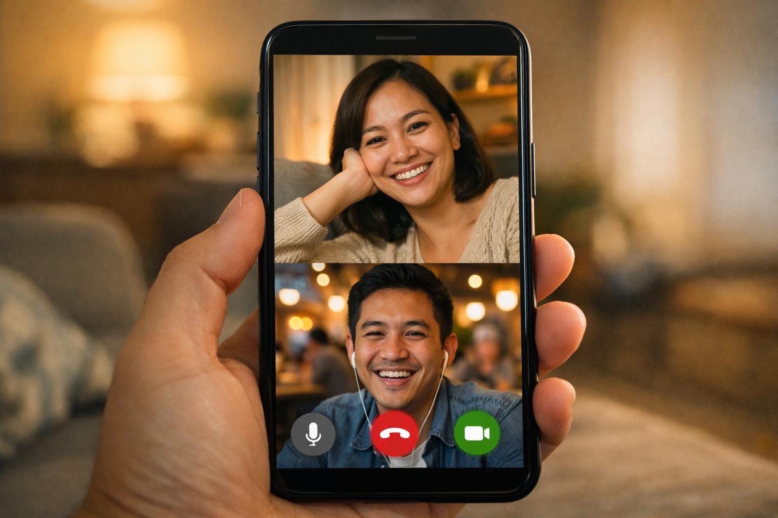 Two people in a genuine video call on a smartphone, one in a living room, the other in a cafe, capturing the essence of connection.
