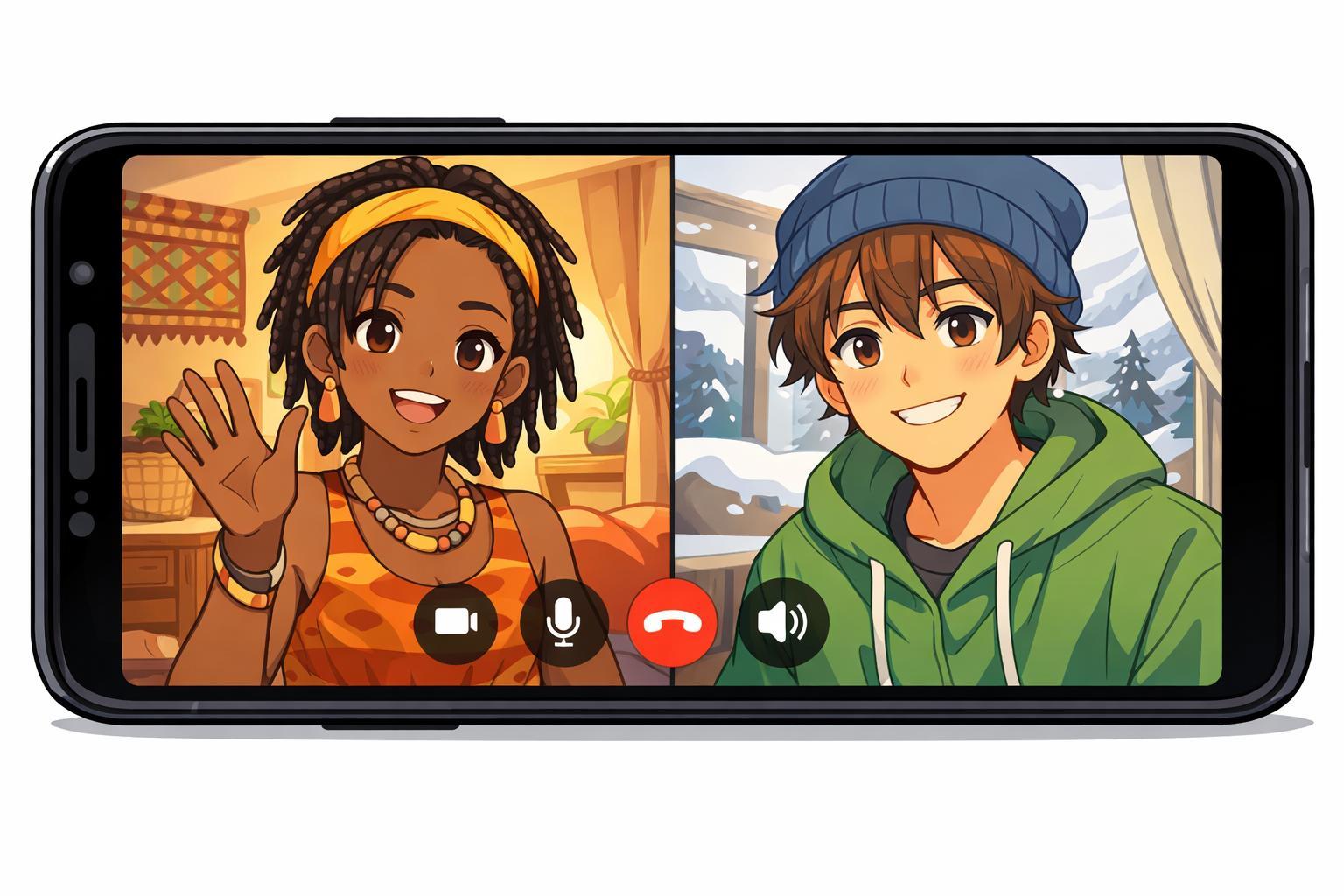 Two individuals on a video chat, one in a home environment in Africa, with call interface icons visible.