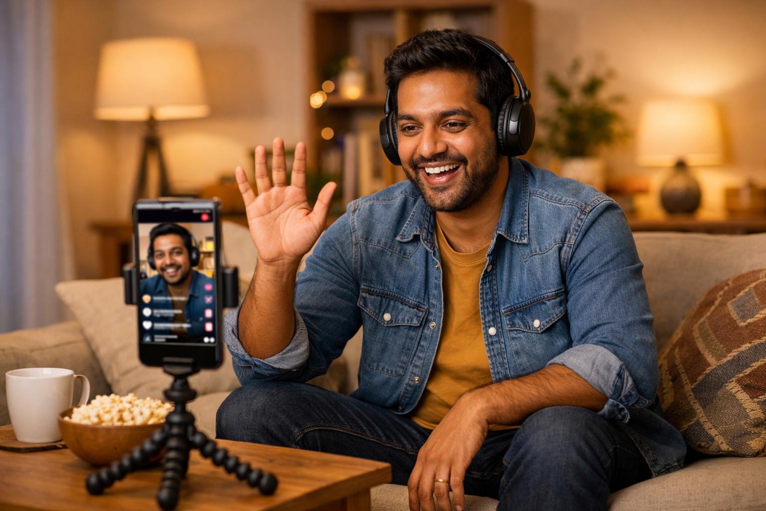 An Indian individual live streaming on a smartphone at home, with viewer comments visible on the screen.