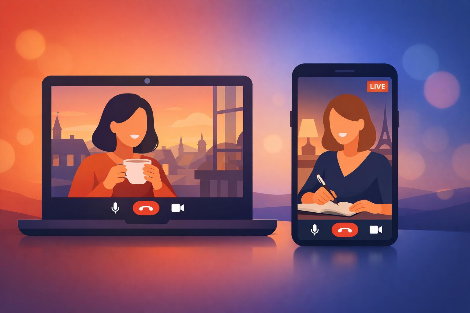 Two women having a cozy evening video call, each in their own setting, connected through their screens.