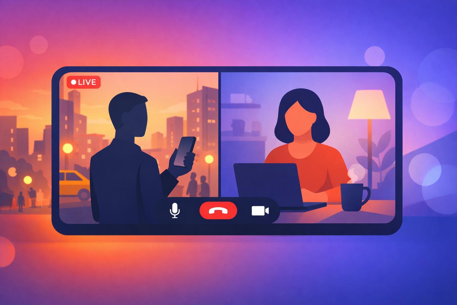 Two individuals on a video call from different settings, suggesting diverse connections.