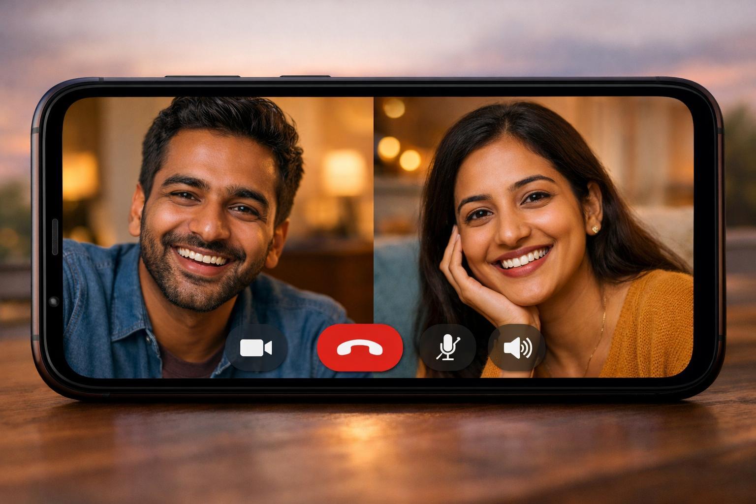 Two people of Indian descent enjoying a safe video chat on a phone screen.