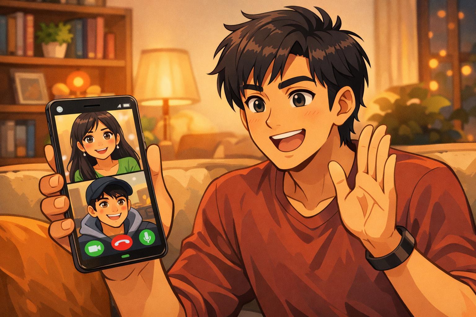 An Indian user on a video call, engaging with a stranger online in a safe, comfortable setting.