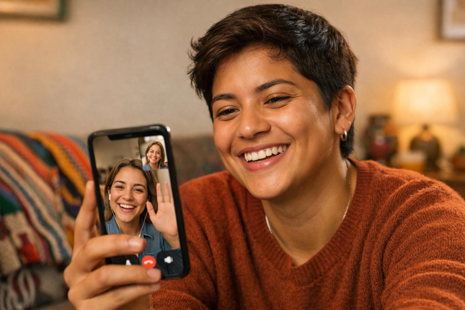 A young Latin American person happily video chatting with a friend on their phone in a cozy home setting.