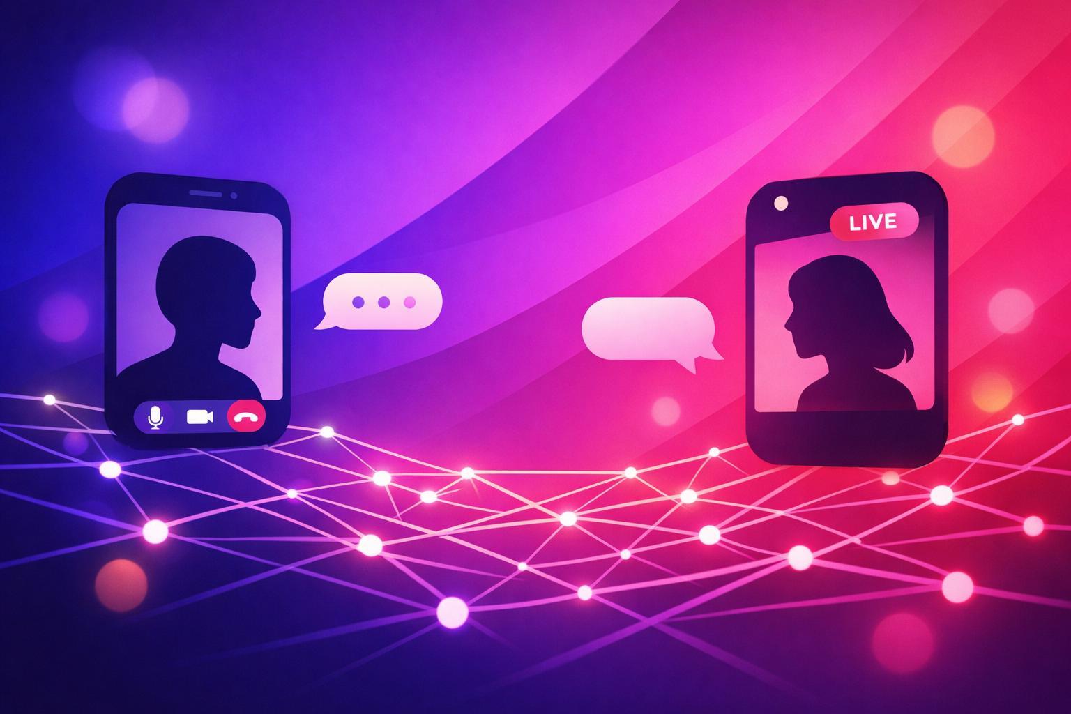 Two silhouetted figures engaged in a video chat on a digital network.