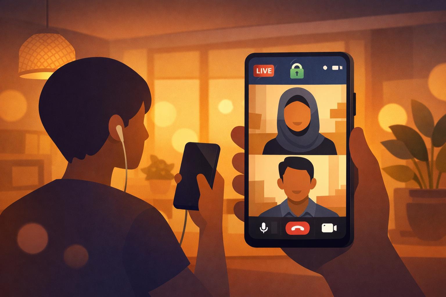 A person holding a phone during a secure video call, in a cozy Southeast Asian home setting with a neutral background.