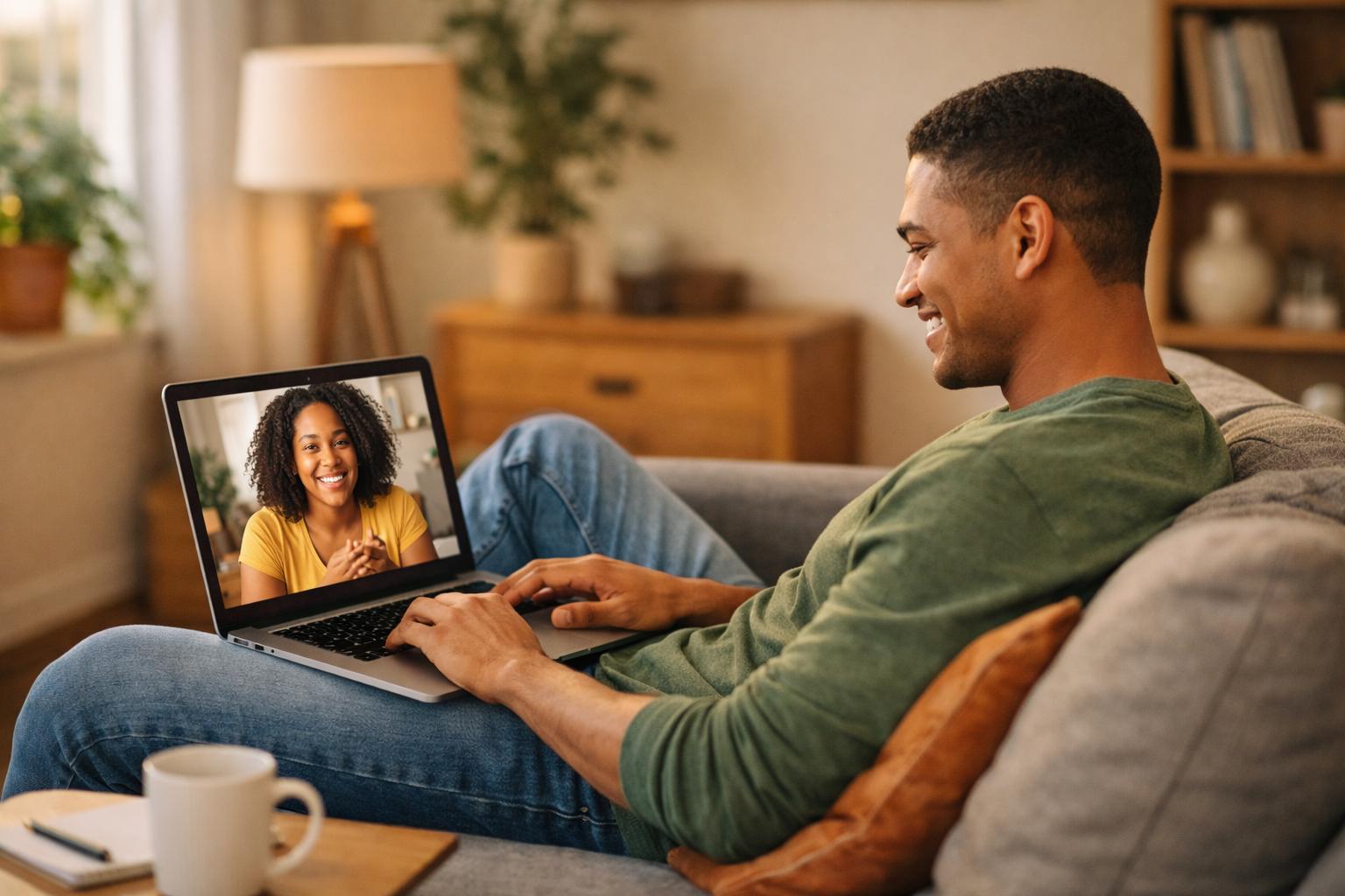 A person video chatting at home, forming a connection with a stranger online.